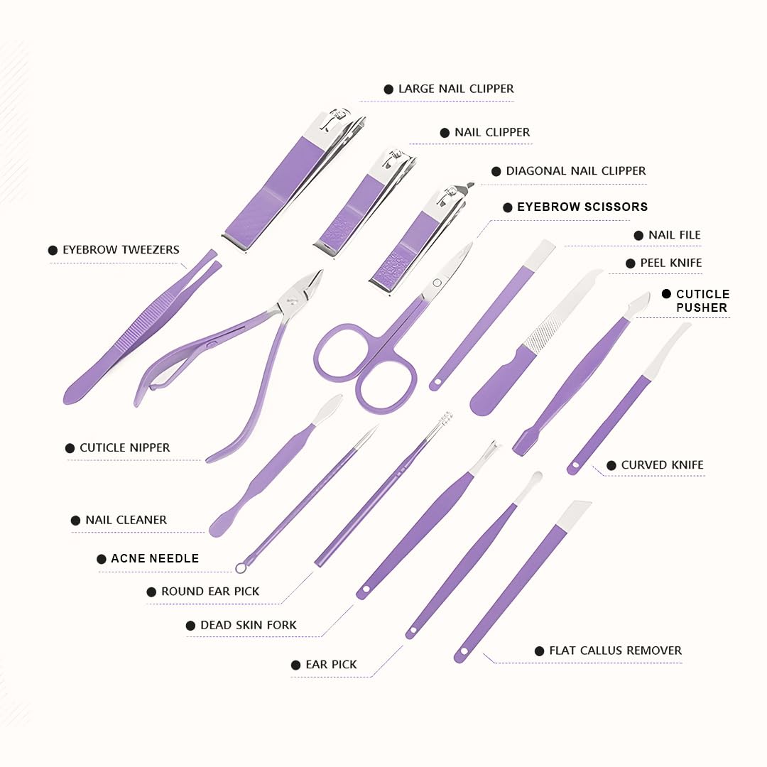 Premium 16-in-1 Manicure Pedicure Set | Nail Care Grooming Kit with Purple Travel Case