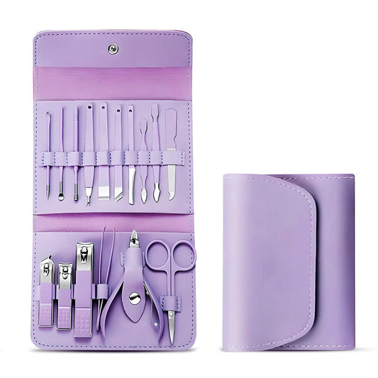 Premium 16-in-1 Manicure Pedicure Set | Nail Care Grooming Kit with Purple Travel Case