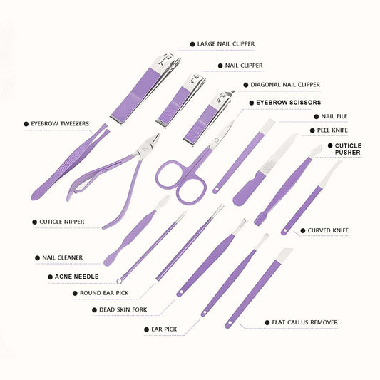 Premium 16-in-1 Manicure Pedicure Set | Nail Care Grooming Kit with Purple Travel Case