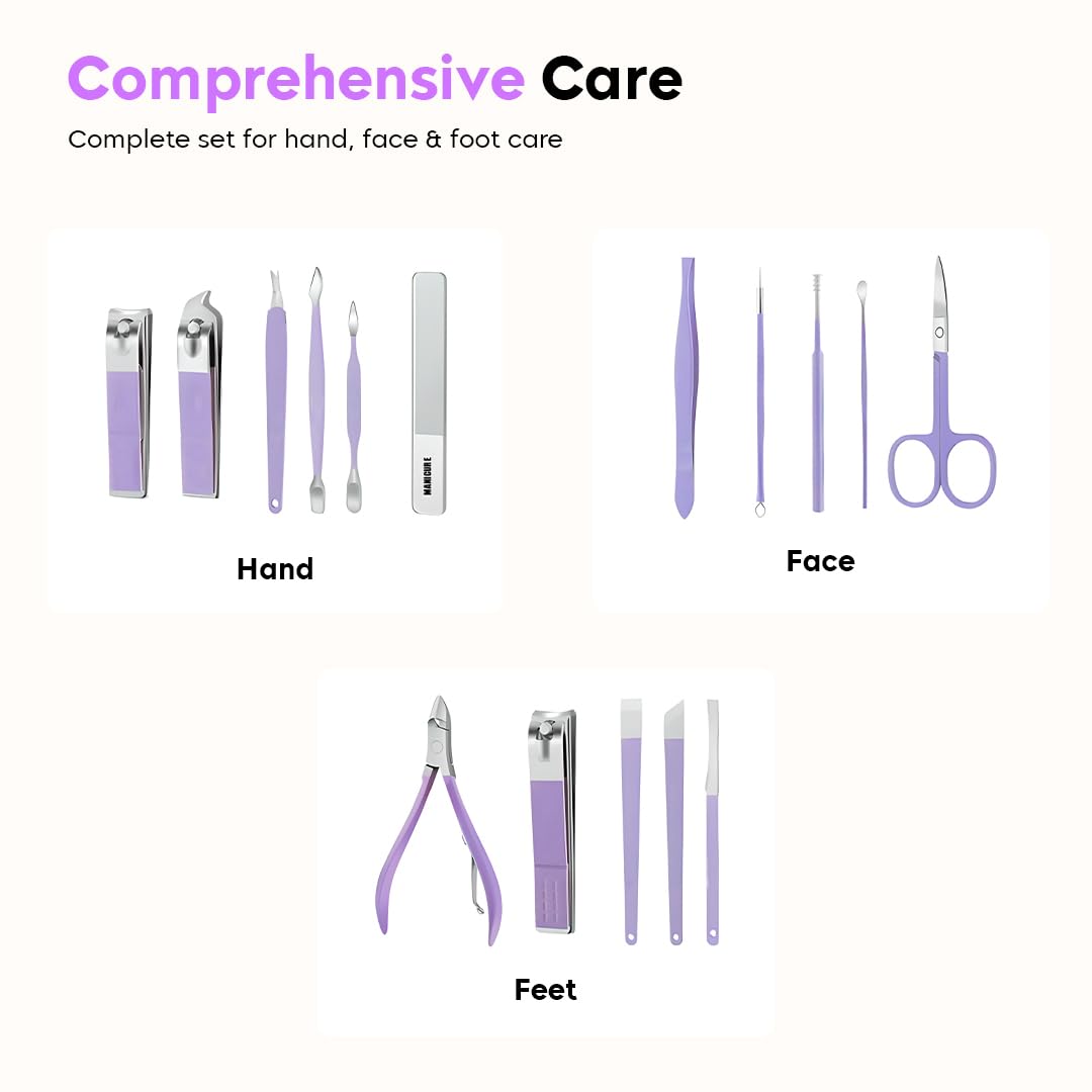 Premium 16-in-1 Manicure Pedicure Set | Nail Care Grooming Kit with Purple Travel Case