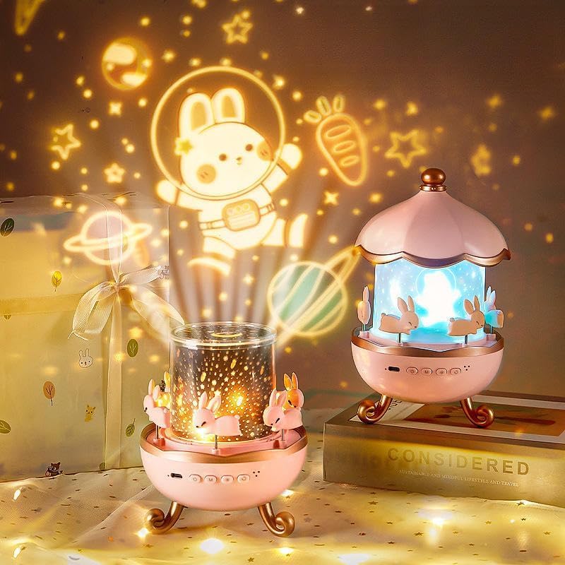 MELUDI Rabbit Night Light Projector | Bunny Night Light Cabin Projector Lamp 360° Rotatable LED Night Lamp for Kids Room Decor, Kids Night Lights for Girls Bedroom 6 Film Shade