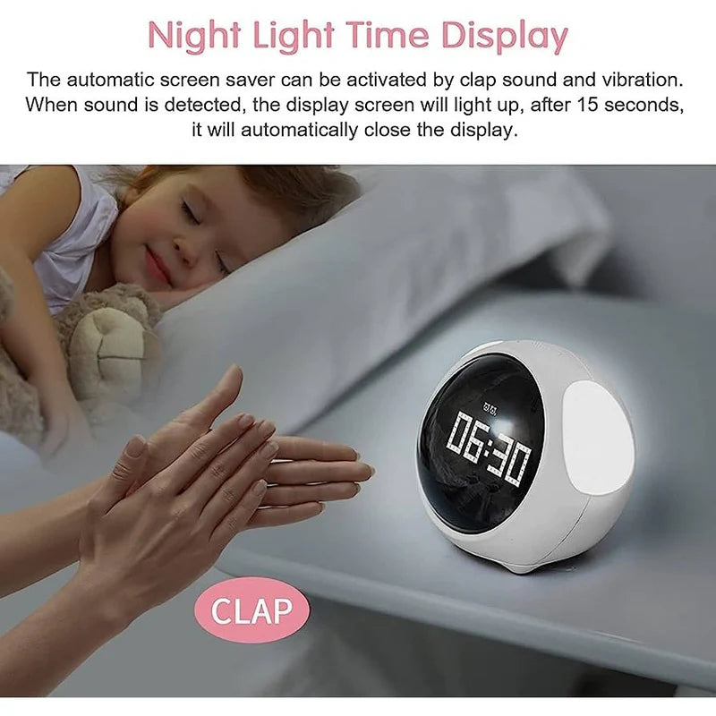 Smart Kids Alarm Clock with Cute Expressions | Voice-Control Night Light | Dual Alarms | Rechargeable LED Digital Clock