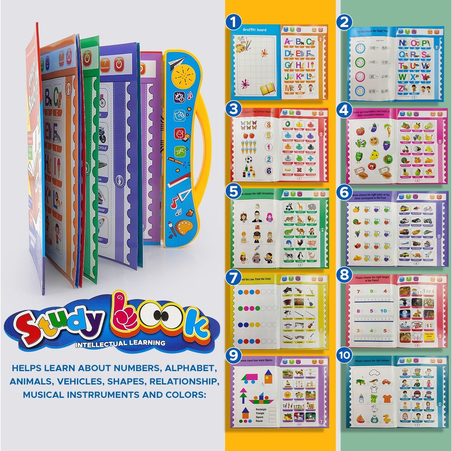 Study Look® Interactive Talking Learning Book for Kids – Educational Phonetic Sound Book with Activities, Alphabet, Numbers, Animals, Shapes, and Music – Preschool Learning Toy for Toddlers (Ages 2–6)